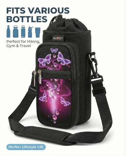 AUPET Water Bottle Sling Bag Sleeve Holder Carrier 25/32/40/64 oz,Insulated Crossbody Water Bottle Case Cover with Strap and Pockets for Men/Women Walking Hiking - color: nice butterlies, size: 25oz