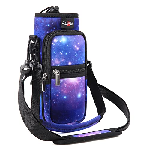 AUPET Water Bottle Sling Bag Sleeve Holder Carrier 25/32/40/64 oz,Insulated Crossbody Water Bottle Case Cover with Strap and Pockets for Men/Women Walking Hiking - color: purple starry sky, size: 25oz