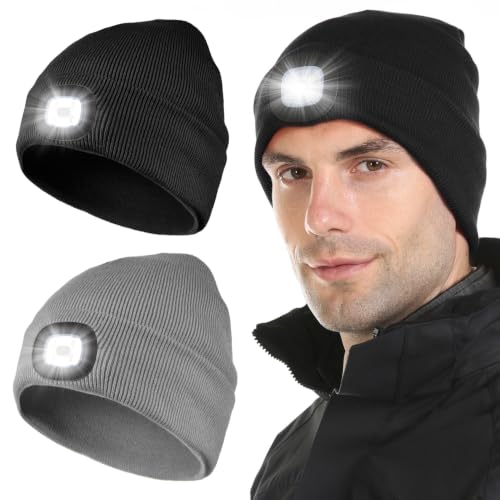 Tutuko 2 Pack Beanie with Light, Winter Knit Hat, Gifts for Men Women Dad - color: Black+grey
