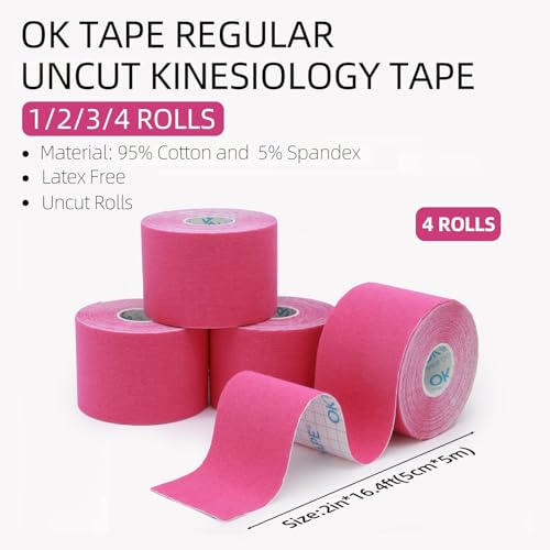 OK TAPE Kinesiology Tape (4 Pack) Latex Free Cotton Uncut 2in x 16.4ft - color: Pink, size: 4 Rolls