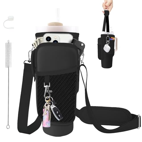 Water Bottle Carrier Bag for Stanley Cup 40/30oz, Neoprene Water Bottle Holder Pouch with 3 Pocket Adjustable Shoulder & Hand Strap - color: Black