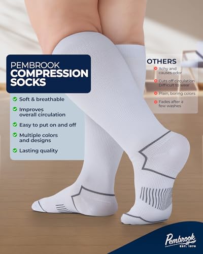 Pembrook Plus Size Compression Socks for Women Wide Calf - 3 Pairs, 20-30mmHg Extra Wide Calf Compression Socks, Up to 4XL - color: White - 3 Pairs, size: 3X-Large