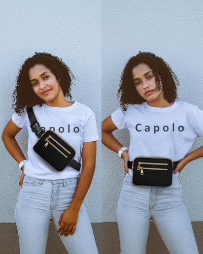 Capolo Fanny Packs for Women 4 Zip Pocket Crossbody Belt Bag Waist Bags - color: Black, size: Large