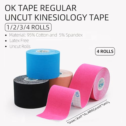 OK TAPE Kinesiology Tape (4 Pack) Latex Free Cotton Uncut 2in x 16.4ft - color: Beige+black+blue+pink, size: 4 Rolls
