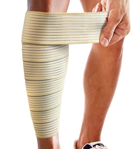 HiRui Calf Compression Wraps, 71" Adjustable Elastic Bandage Sleeves, Lower Leg Calf Support for Men & Women, Shin Splints Relief, Varicose Veins, Fitness, Running, Basketball, Soccer (1, Beige) - color: Beige