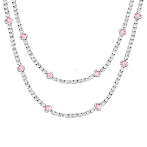 LuxeFlex 4mm Iced Out Four Leaf Tennis Chain,White Gold Plated with 5A Zircon Stones, exquisite Handmade Hip Hop Bling Necklace Perfect Unisex Jewelry Gift - color: White Gold-Pink, size: 16 INCH