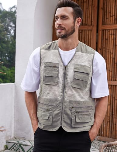 Gihuo Men's Utility Vest Fishing Safari Vest Summer Travel Vest with Pockets - color: Beige, size: Small