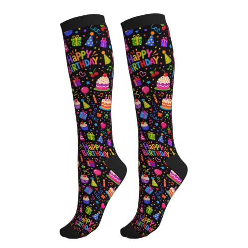 Compression Socks Women and Men 15-20mmHg-Circulation Support Socks for Athletic Running Cycling - color: Happy Birthday