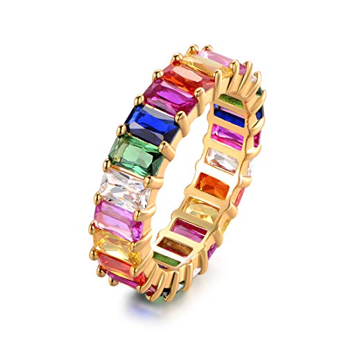 Barzel Eternity Rainbow Ring Wedding Band for Women | 18K Gold Plated Emerald-Cut Rainbow Multi Color Created-Gemstone Eternity Ring - color: Gold