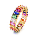 Barzel Eternity Rainbow Ring Wedding Band for Women | 18K Gold Plated Emerald-Cut Rainbow Multi Color Created-Gemstone Eternity Ring - color: Gold