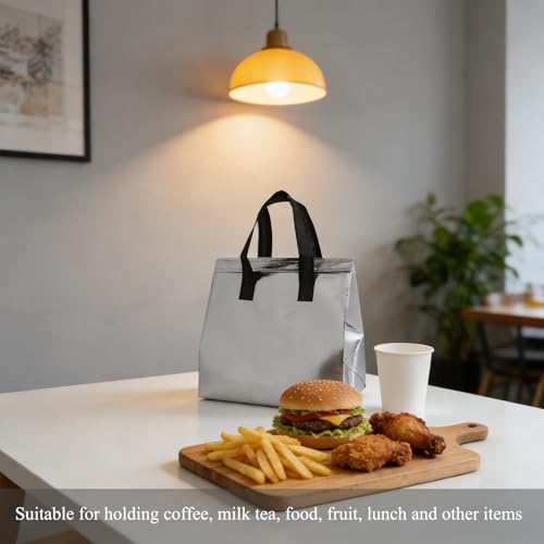 12Pcs Insulated Lunch Bag Disposable Cooler Bag Thermal Grocery Take Away Bags for Food Delivery Party Drink Picnic Holiday, Silver - color: Silver, size: 9.45"(H) x 9.45"(L) x 5.91"(W)