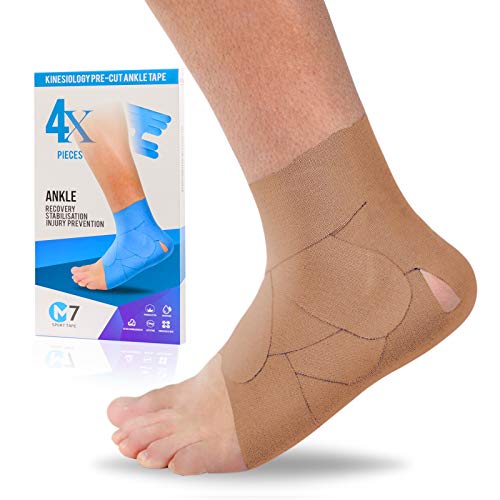 M7 Sport Kinesiology Ankle Tape for Ankle Sprain and Injury Recovery, Kt Tape for Ankle, Pain Relief Therapeutic Tape, Plantar Fasciitis, Waterproof, Eases Swelling (Beige, 4-Pack) - color: Beige