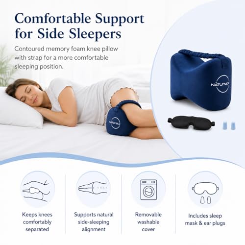 Knee Pillow for Side Sleepers - Relief from Sciatica Pain, Back/Leg Pain, Pregnancy, Hip and Joint Pain Memory Foam Leg Pillow + Free Sleep Mask and Ear Plugs - color: Blue