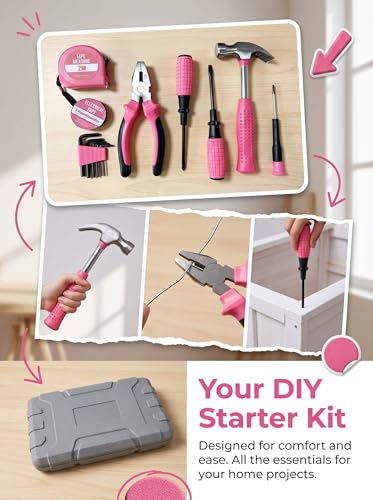 NIVOLT 13Pcs Pink Tool Set for Women, Household Hand Tool Kit with Hard Storage Case for Home Repair, Apartment, Dorm, DIY Projects, Gift for New Homeowners