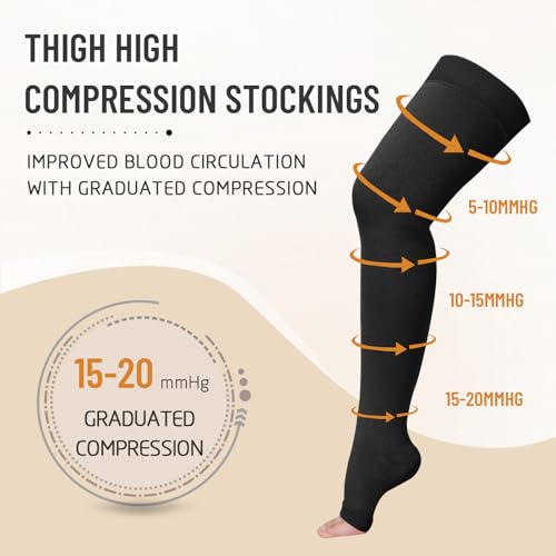 Athbavib 15-20 mmHg Thigh High Compression Socks for Women & Men - color: B-Black(Open Toe), size: Large