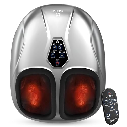 COMFIER 2026 Upgrade Shiatsu Foot Massager,Feet Massager for Neuropathy Plantar Fasciitis Relief,3 Kneading,3 Heat,3 Vibration & 5 Compression, Fit Up to 14,Relax for Home Office Use - color: Silver
