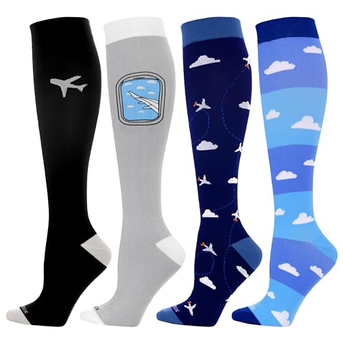 LEVSOX Compression Socks Women and Men, 20-30mmHg, Best for Nurses, Travel, Pregnancy - color: 4 Pairs Airplane, size: Large