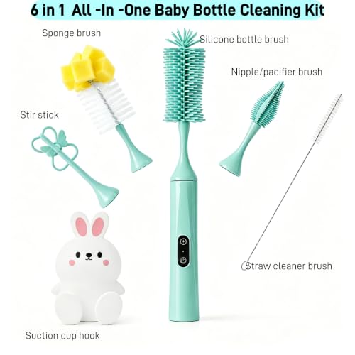 Electric Bottle Brush, Rechargeable Auto Spinning Bottle Cleaner, All-in-One Cleaning Kit with Multi Brush Heads & Stir Stick for Baby Bottles & Drinkware, Great Household Helper and Ideal Gift - color: Light Blue