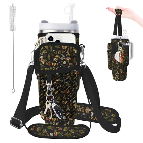 Water Bottle Carrier Bag for Stanley 40/30oz Cup Tumbler with Phone Pocket,Insulated Crossbody Water Bottle Holder with Adjustable Strap,Water Bottle Sling Pouch for Hiking Walking Camping Accessories - color: Mushroom Butterfly Flowers