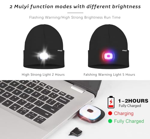ATNKE LED Lighted Beanie Hat,USB Rechargeable 4 LED Red and Blue Flashing Running Headlamp Cap Gifts for Men and Women - color: #Black