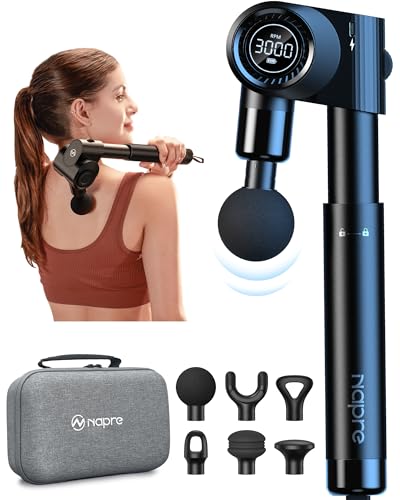 NAPRE Foldable Massage Gun Deep Tissue with 5 Adjustable Angles,Handheld Percussion Back Massager for Muscle/Neck/Body Pain Relief with Long Extension Handle,32-Speeds,6 Heads,with Case - color: Eclipse Black