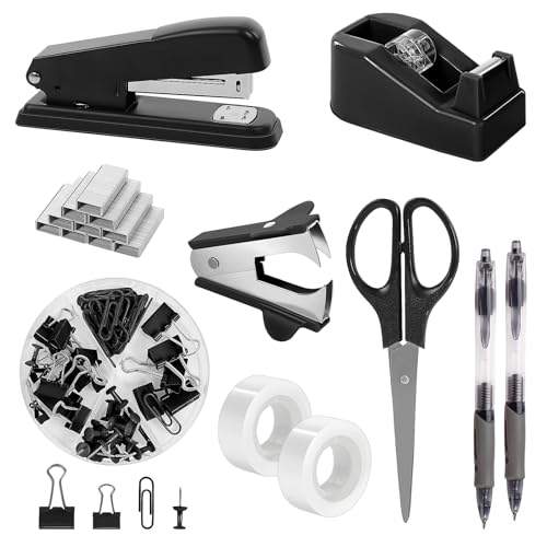 SKYDUE Black Office Supplies Set, Stapler and Tape Dispenser Set,10PCS - color: Black