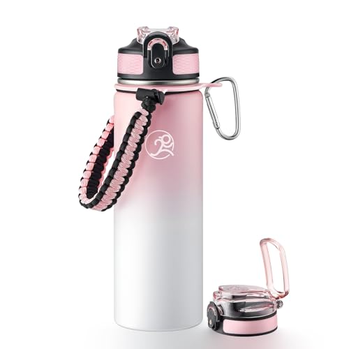 GOSWAG 24oz Insulated Stainless Steel Travel Water Bottle, 2 Lids - color: Pink-White Ombré