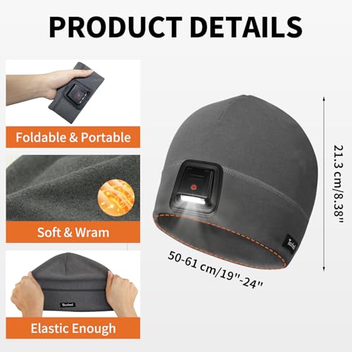 Taximi Led Beanie with Light, USB Rechargeable Headlamp Beanie, Fleece Flashlight Hat for Running, Gift for Men Dad Husband - color: Dark Gray