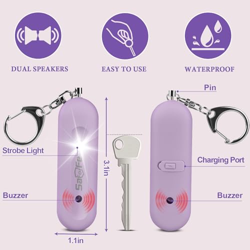 Personal Safety Alarm - Waterproof Rechargeable Security Alarm - 140dB Extra Loud Siren & Strobe Light - Self Defense Keychain - Gift for Women, Teenagers, College Girls, Seniors(Wisteria) - color: Wisteria