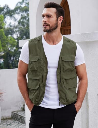 Gihuo Mens Fishing vest for Safari Utility Cargo with Pockets - color: Armygreen, size: Small