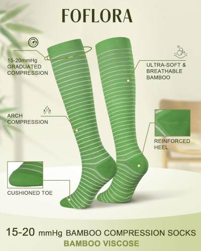 Bamboo Viscose Compression Socks|4Pairs 15-20mmHg Knee High Socks - color: Green, size: Large-X-Large