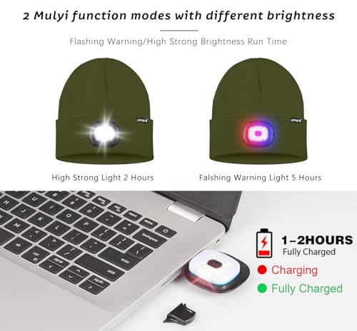 ATNKE LED Lighted Beanie Hat,USB Rechargeable 4 LED Red and Blue Flashing Running Headlamp Cap Gifts for Men and Women - color: #Army Green
