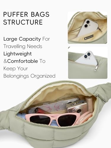 WESTBRONCO Puffer Fanny Packs for Women Small Crossbody Sling Bag, Nylon Quilted Belt Bag for Travel Hiking Running Waist Bag with Adjustable Strap - color: 202-Green