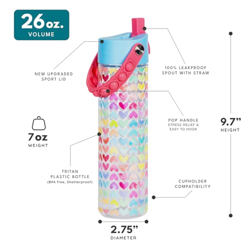 Elemental Splash 26oz Tritan Plastic Water Bottle with Straw & Pop-It Strap - color: Rainbow Heart, size: 26 Ounces