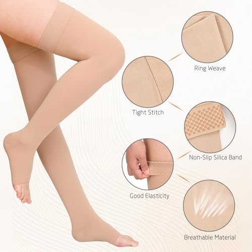 Athbavib 15-20 mmHg Thigh High Compression Socks for Women & Men - color: B-Beige(Open Toe), size: 4X-Large
