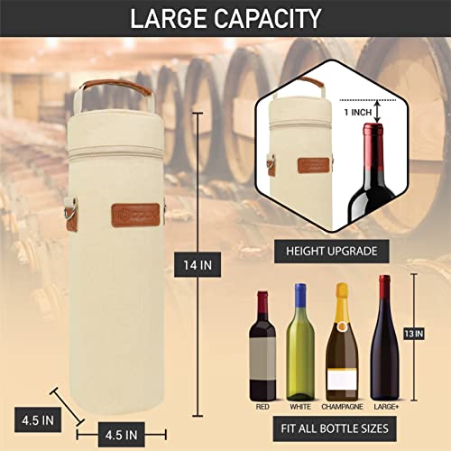 opux Single Bottle Wine Bag Carrier Insulated Cooler Tote with Strap, Cream - color: Cream Beige