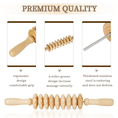 Liitrton Manual Wooden Massage Roller Stick for Muscle Relief, 9‑Wheel - size: 9-Wheel-Wood