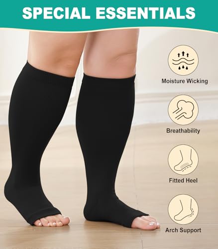 Plus Size Compression Socks: 2 Pairs Wide Calf Compression Toeless Stockings for Men Women - Open Toe 20-30 mmHg - color: Black-2 Pairs, size: 7X-Large