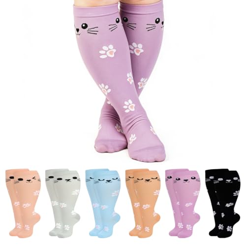 Jspupifip 6 Pairs Plus Size Compression Socks for Women, Wide Calf - color: Black, Gray, Blue, Purple, Pink, Khaki, size: 3X-Large