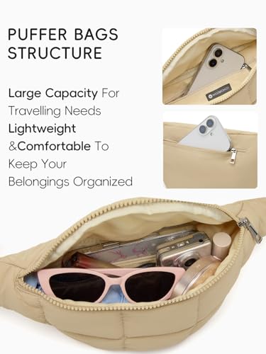 WESTBRONCO Puffer Fanny Packs for Women Small Crossbody Sling Bag, Nylon Quilted Belt Bag for Travel Hiking Running Waist Bag with Adjustable Strap - color: 202-Khaki