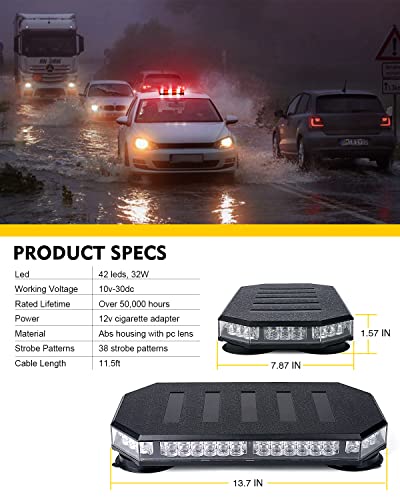 LUMENIX 42 LED Roof Top Strobe Beacon Light Bar, Patent Design, Red White - color: White Red