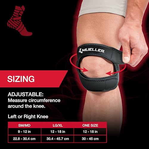 MUELLER Sports Medicine Adjustable Max Knee Single Strap for Men and Women, Compression & Pain Relief Support for Osgood-Schlatter's, Runner's Knee, Patellar Tendinitis, Black - size: One Size (Pack of 1)