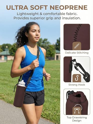 AUPET Water Bottle Sling Bag Carrier Crossbody Sleeve,Insulated Neoprene Bottle Case Holder Pouch Cover 500ML/17oz with Shoulder Strap for Walking Women Men - color: Dark Cherry Brown