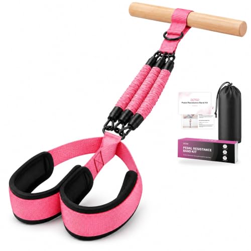 Pedal Resistance Band with Wood Handle, 3 x 30 lb Tubes - color: Pink