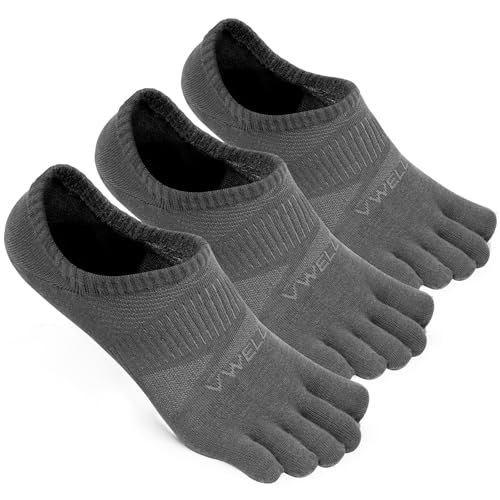 VWELL No Show Toe Socks for Men Women COOLMAX Five Finger Socks Athletic Running Ankle Low Cut 5 Toe Socks (3Pairs) - color: Grey, size: Large
