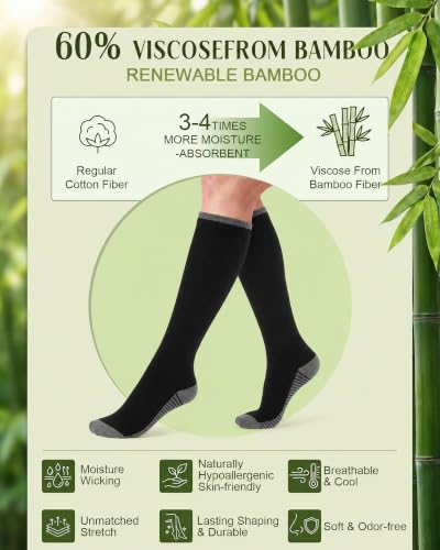 Bamboo Viscose Compression Socks|4Pairs 15-20mmHg Knee High Socks - color: 01-all Black, size: Large-X-Large