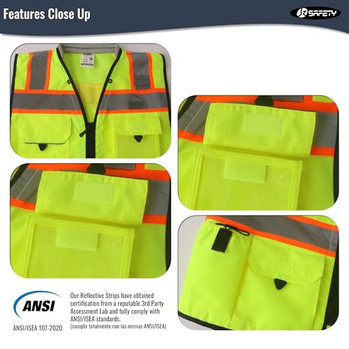 JKSafety Hi-Vis Unisex Surveyor Safety Vest Heavy Duty PPE Inner Pockets ANSI/ISEA Compliant - color: 188-yellow, size: Small