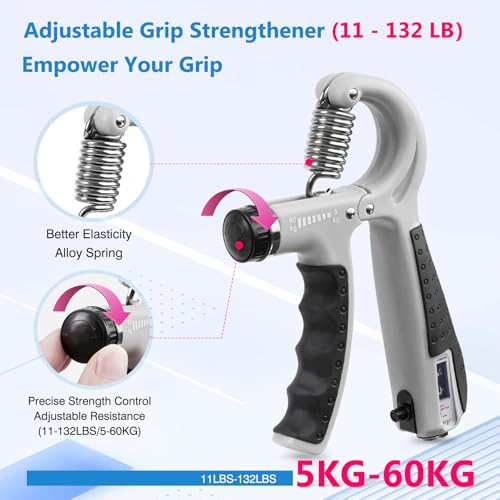 CYFIE Grip Strength Trainer Kit Adjustable 10-132Lbs Hand Exerciser Counter - color: Gray