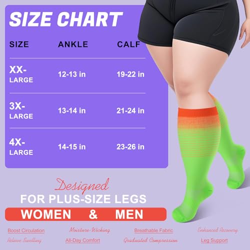 4 Pairs Plus Size Compression Socks,Extra Wide Calf 20-30 mmHg Knee High Compression Socks for Men Women Circulation - color: 07-hot Pink, size: 3X-Large