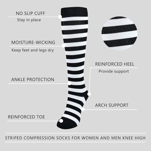 Junely Compression Socks for Women Knee High Striped Polka Dot Stockings - color: A2-black and White